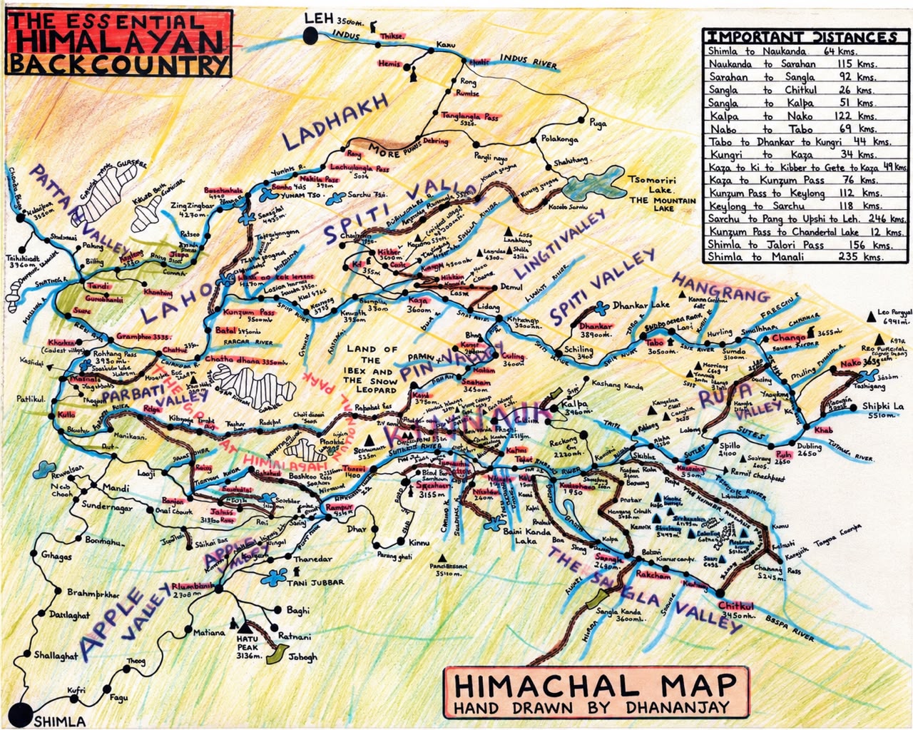 Hand-drawn Himalayan Backcountry map of Himachal Pradesh